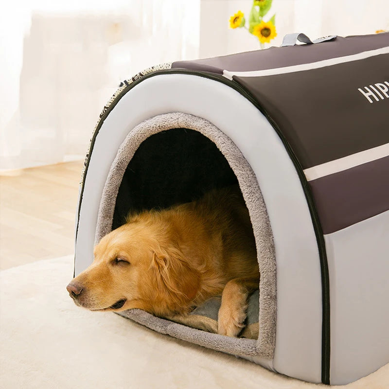 portable travelling dog house with golden retriever sleeping inside