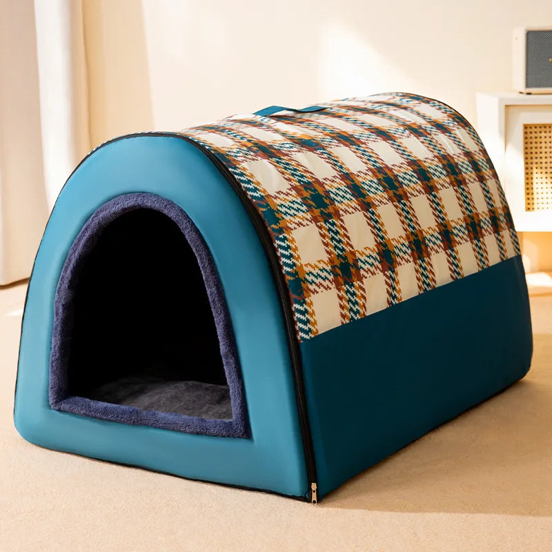 portable travelling dog house, blue with flannel pattern top