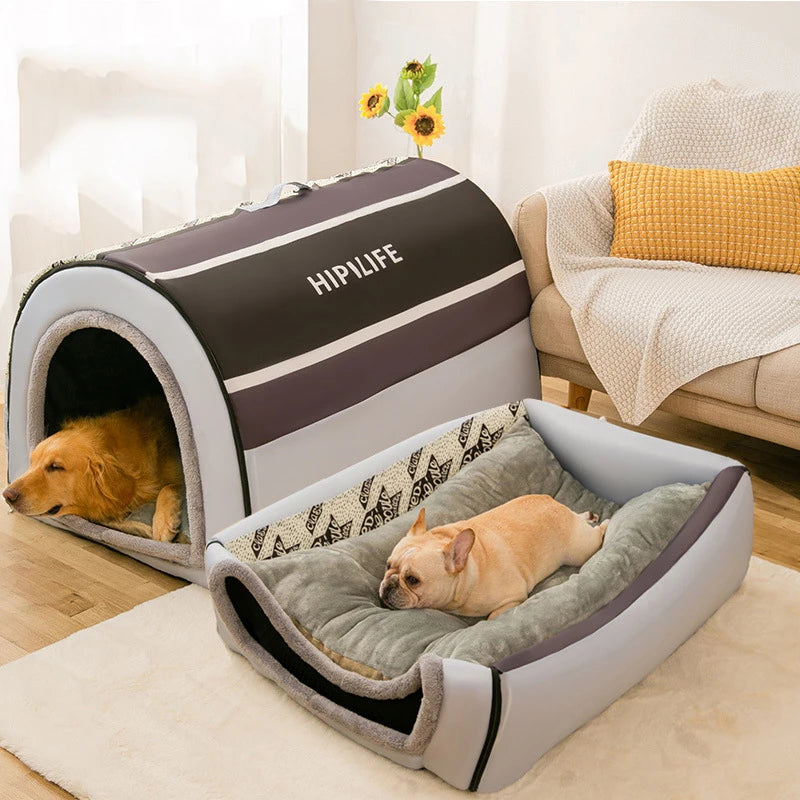 portable dog house with dog inside, another dog resting on top of a second travelling dog house