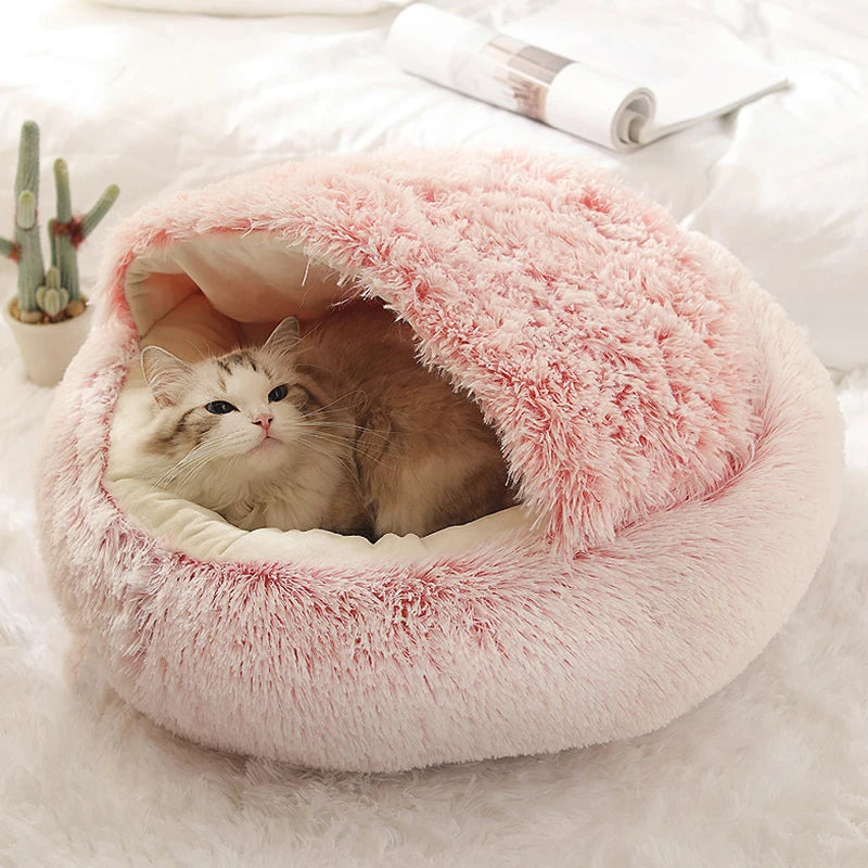 cat bed nest with cat inside pink