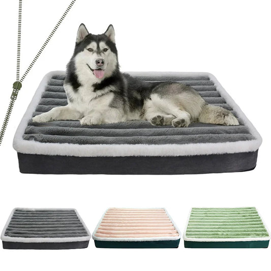 A dog bed and mat featuring three colors, with a husky lying on top.