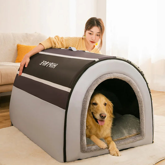 Dog inside portable dog house, with owner holding the back